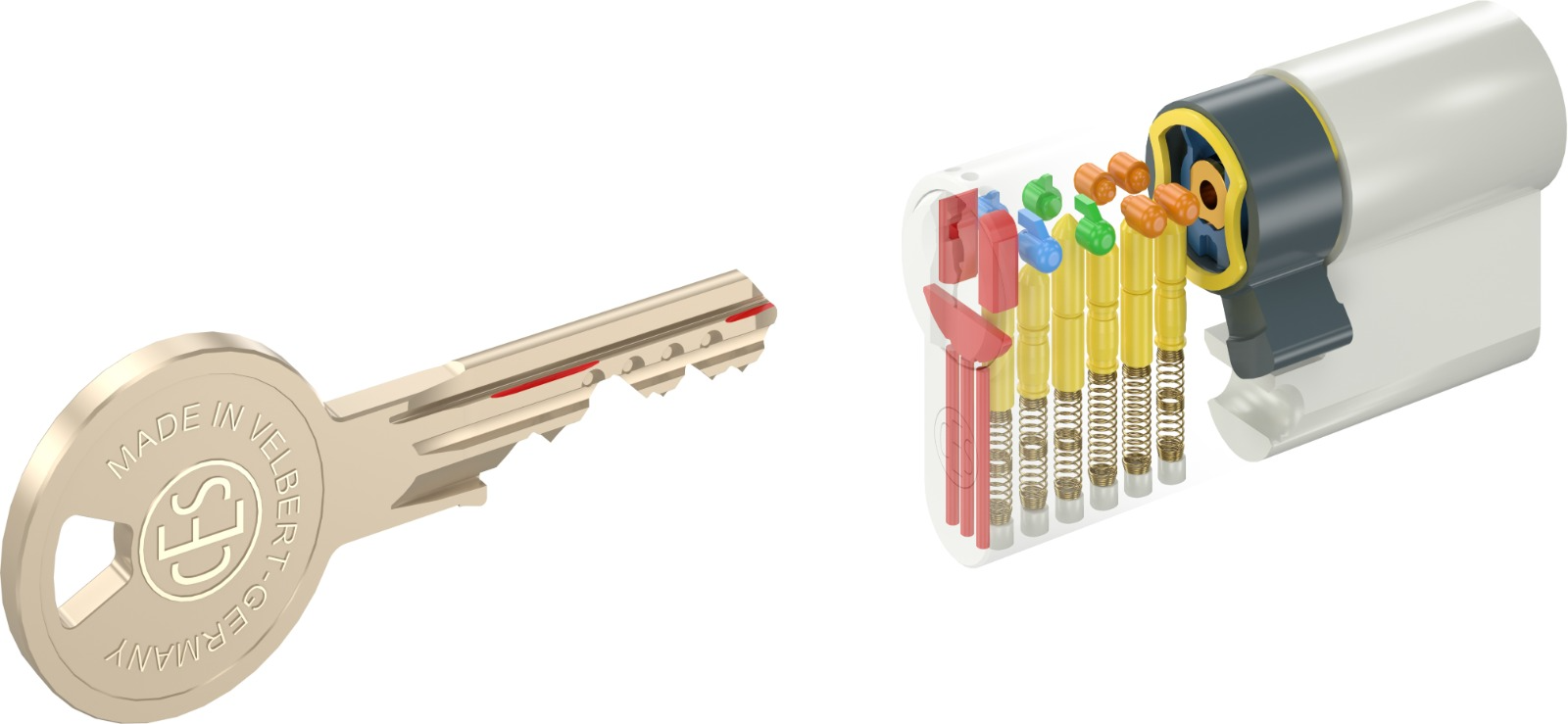 Locking cylinder cross-section with security pins and matching key